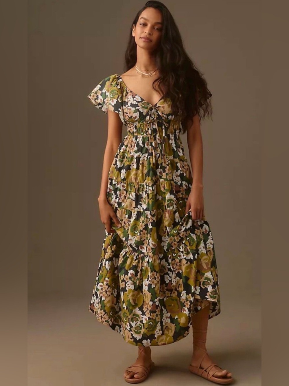 🌺 Moon River Olive Floral Flutter Sleeve Tiered Maxi Dress